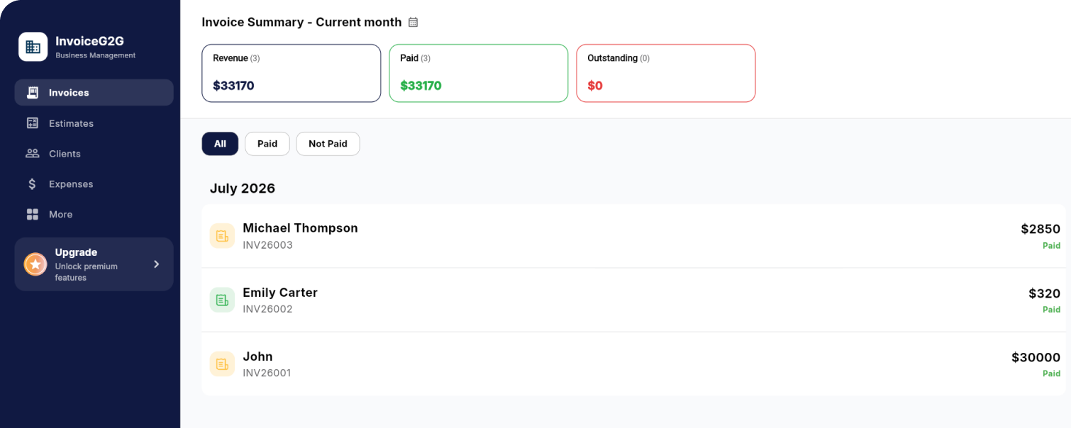 InvoiceG2G invoice dashboard