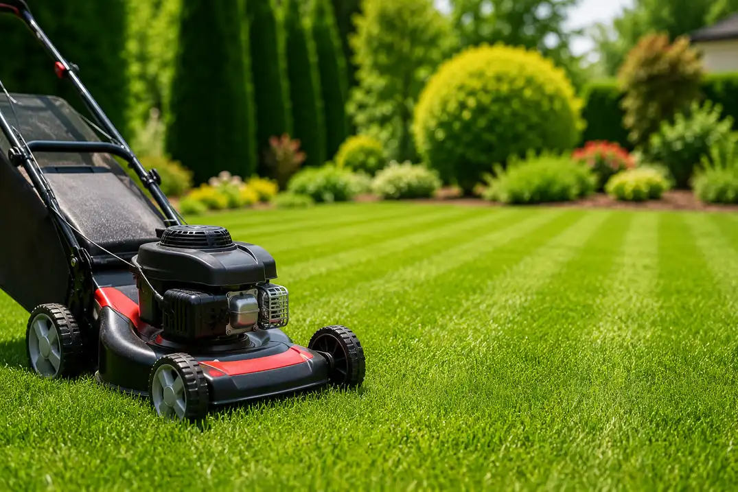 Lawn care technician mowing