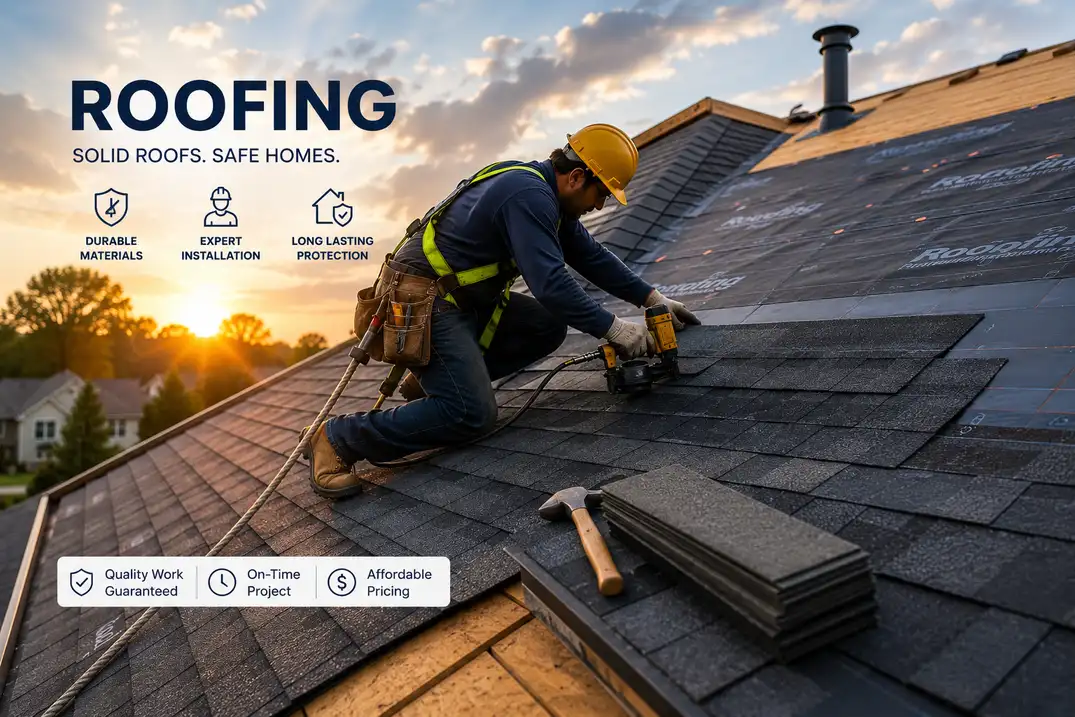 Roofer installing shingles